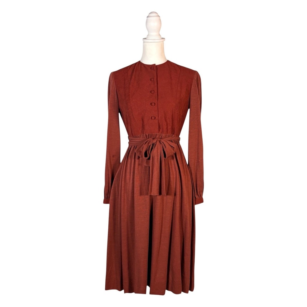 Vintage 70s Rust Midi Dress Women's 6 Long Sleeve Classic Retro Cottagecore